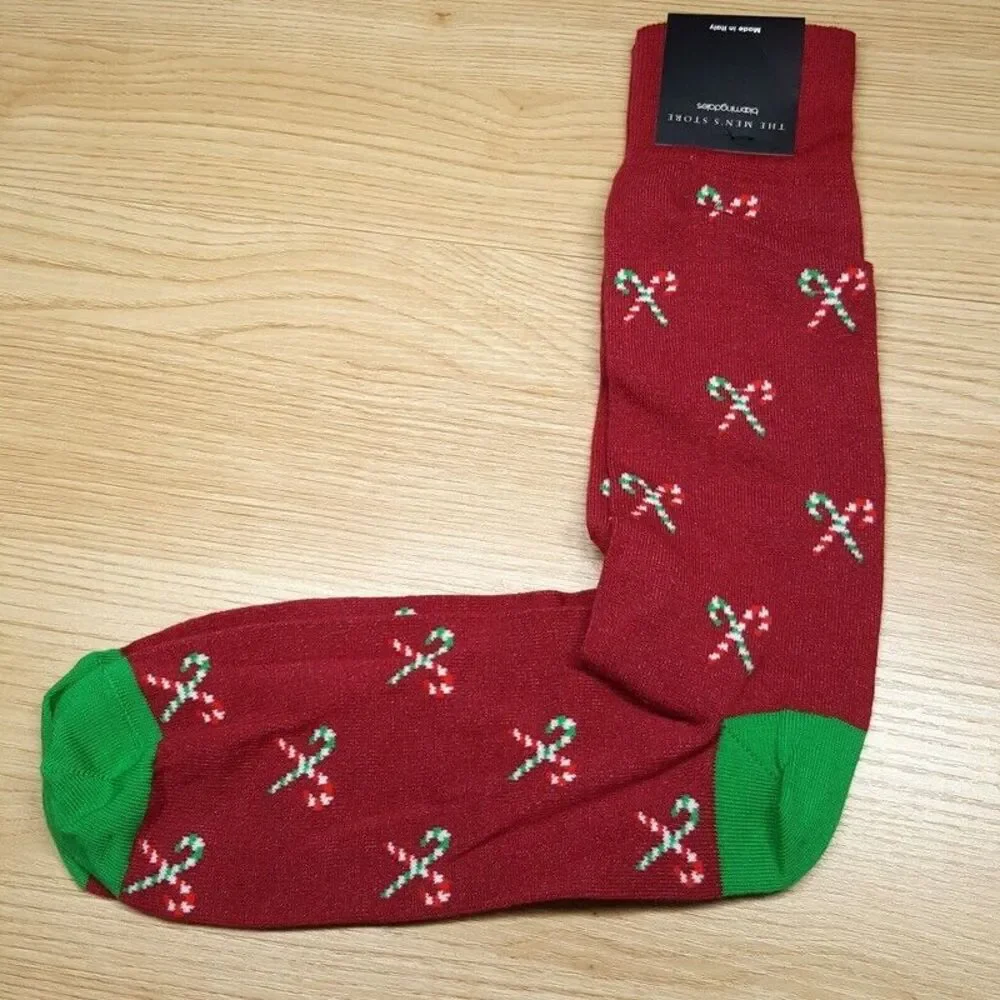 BLOOMINGDALES MENS STORE Red Candy Cane Crew Socks 10-13 Cotton Blend Christmas